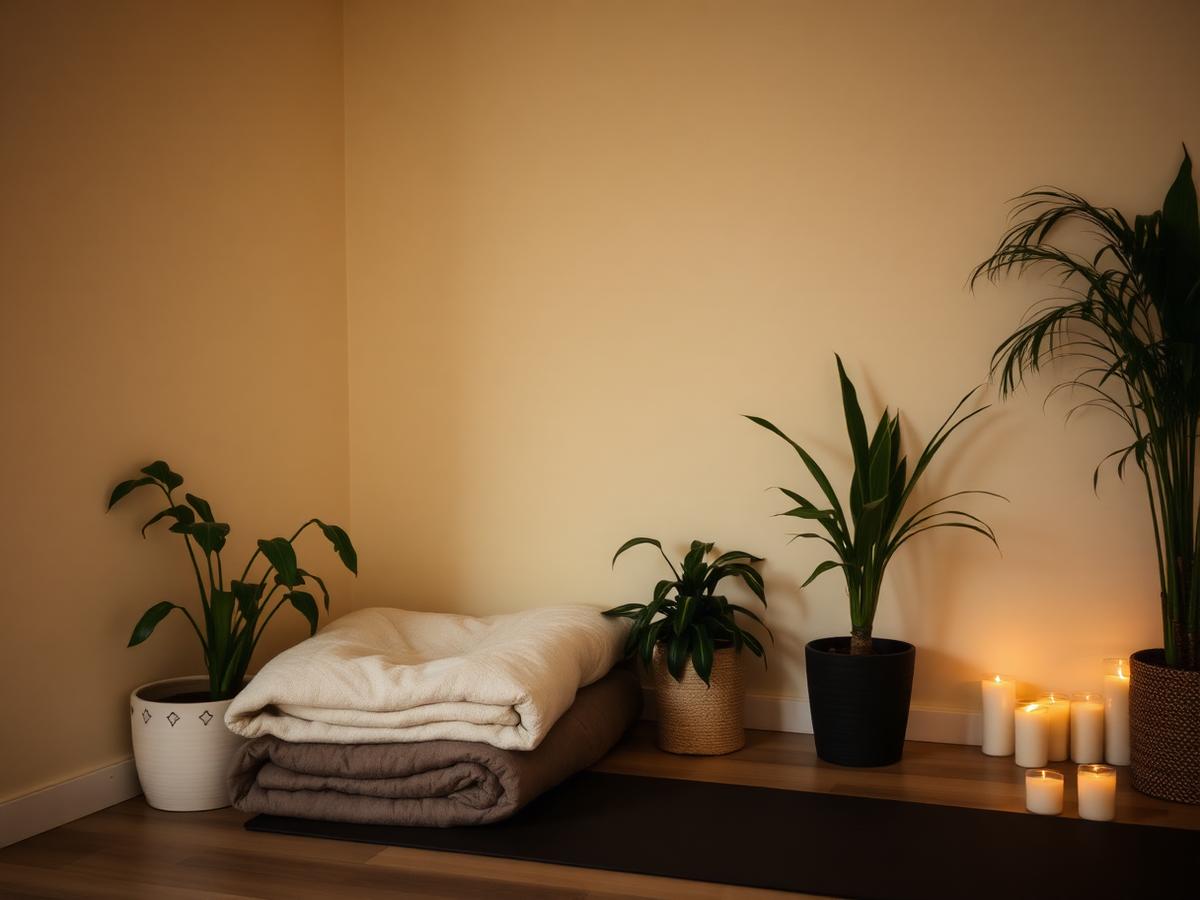 Hoek van de yogastudio met dekens en planten